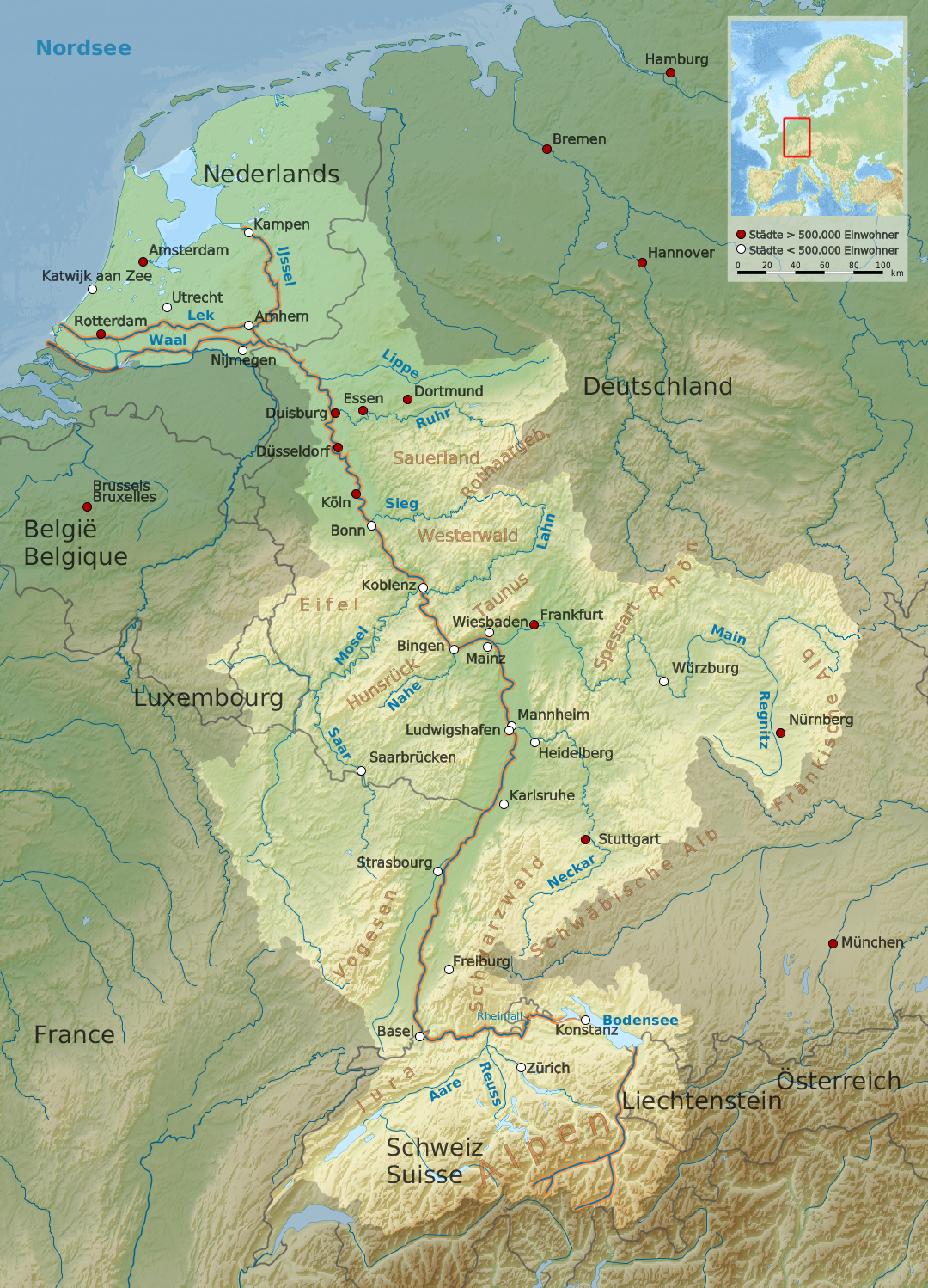 Verlauf des Rheines durch mehrere Länder und entlang vieler Orte