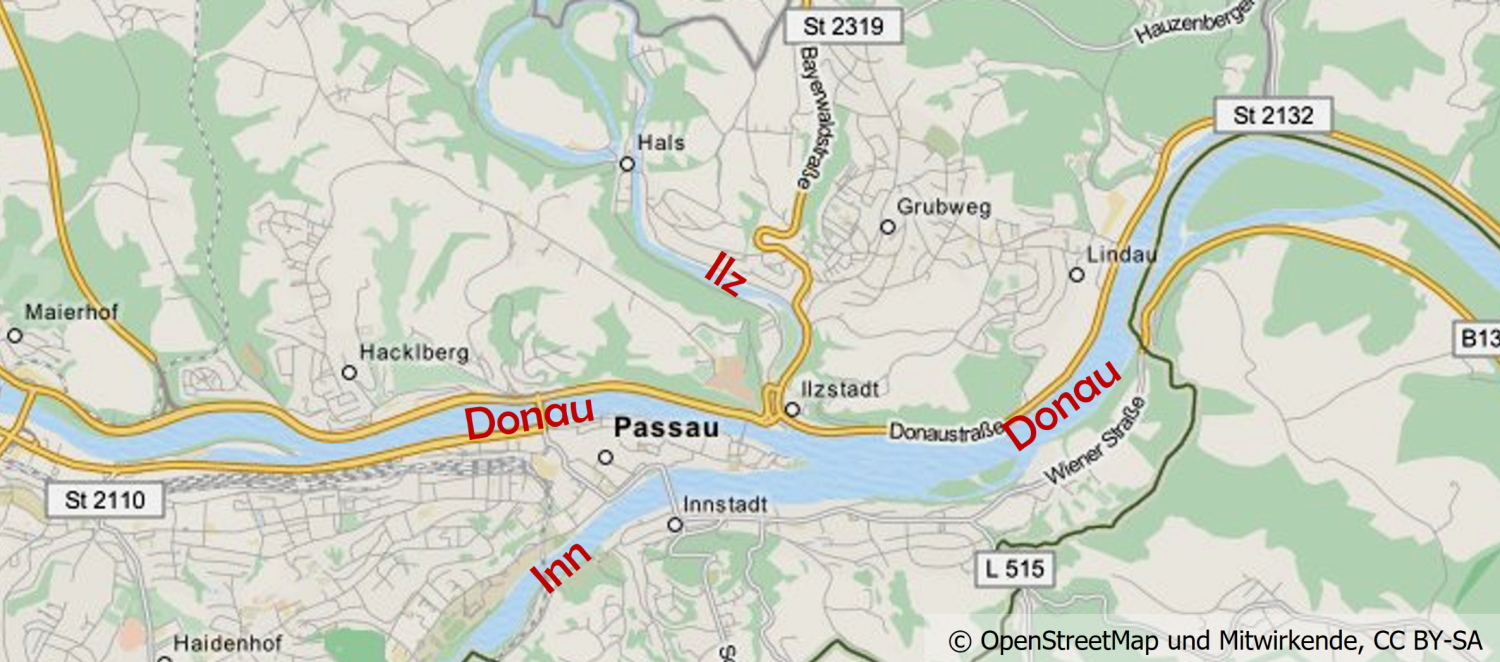 Karte von Passau mit den drei Flüssen Inn, Ils und Donau