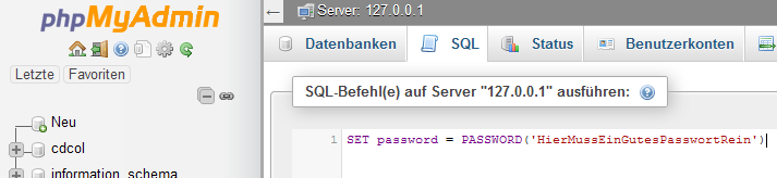Screenshot des SQL-Fensters