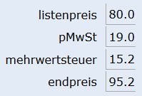 Variablenzustand: listenpreis -> 80.0; pMwSt -> 19.0; mehrwertsteuer -> 15.2; endpreis -> 95.2