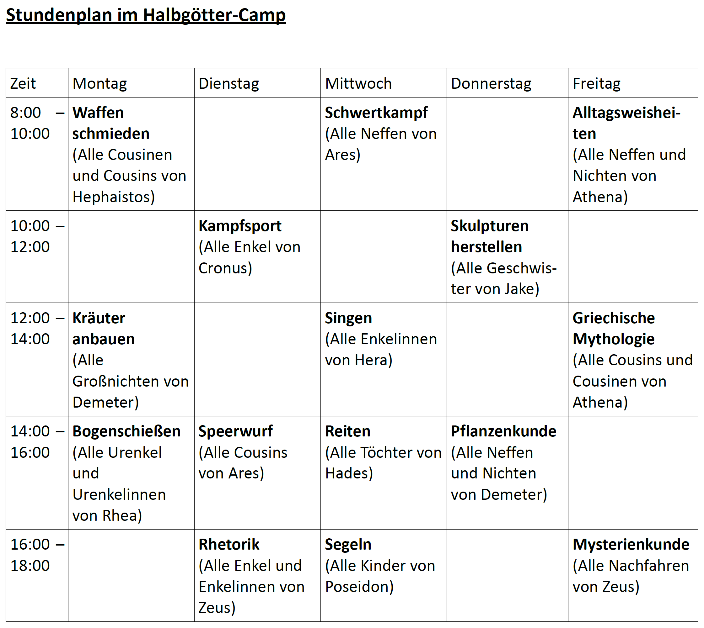 Stundenplan der Halbgötter Stundenplan der Halbgötter
