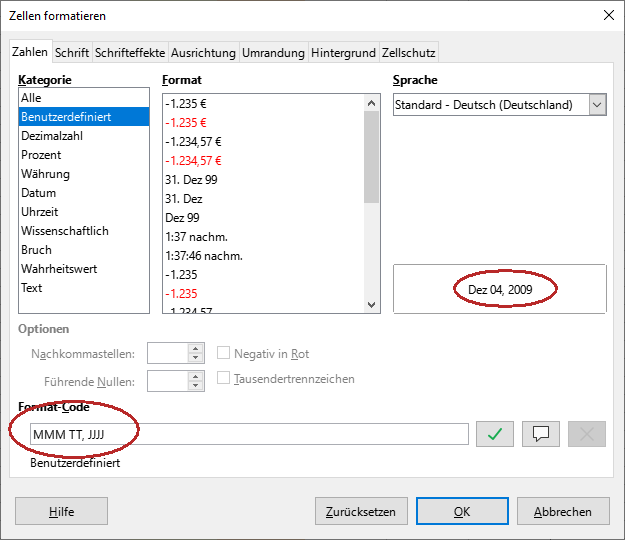 Formatierung mit freien Formatangaben